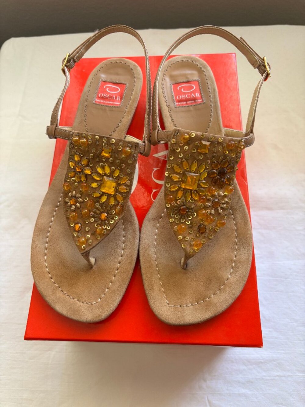 Oscar de la Renta Camel Suede Jeweled Sandals